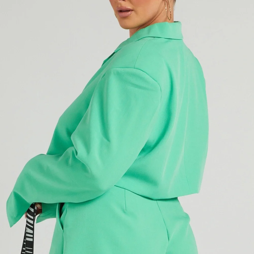 WeWoreWhat Danielle Bernstein S Green Stretch Herringbone Twill Cropped Blazer - Picture 3 of 13
